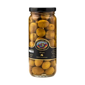 480g Jar of Lisadurne Hill Sevillano Olives that are brine cured