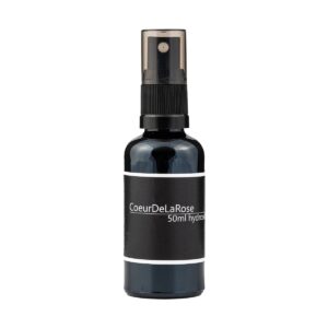Natural rose hydrosol skincare spray 50ml in a dark bottle with black label, made in Australia
