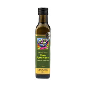 Lime Agrumato, a lime infused olive oil in a dark bottle, green label and Lisadurne Hill brand