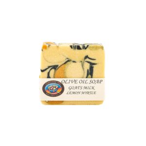 Natural soap bar square with olive oil, goat's milk and lemon myrtle designed with a marble effect of colours with the Lisadurne Hill Label