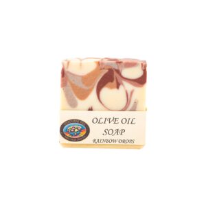 Olive Oil Rainbow Drops Natural hand Soap Bar Block with a swirl of colours and Lisadurne Hill label