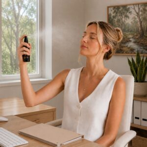 An attractive woman in an office environment sitting at her desk spraying some Lisadurne Hill Rose Hydrosol on her face to hydrate her skin