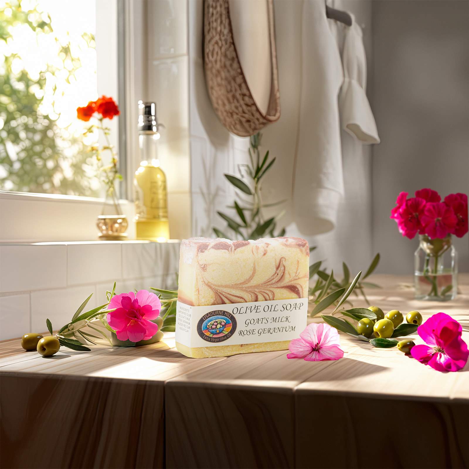Natural Australian soap bar with rose geranium, olive oil and goat's milk