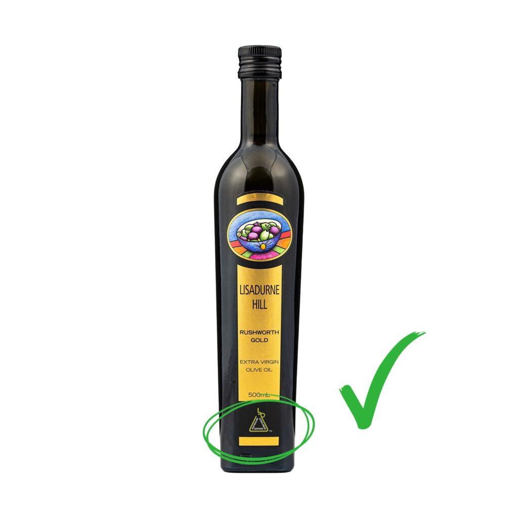 A bottle of Rushworth Gold EVOO showing that it is certified at extra virgin olive oil