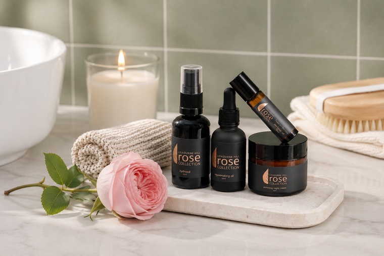 Rose Collection Skincare. Night creme, rose perfume roll on, rose hydrosol and rose rejuvenating oil
